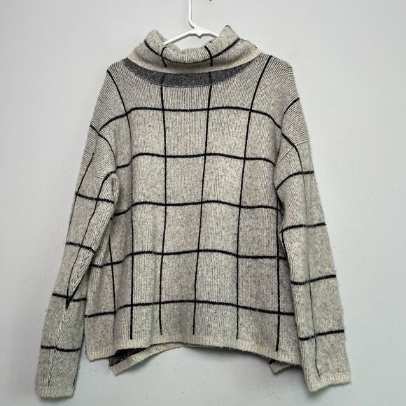 Madewell Womens Windowpane Wool Blend Turtleneck Sweater Sz XL Gray Chunky Boho - Picture 2 of 12